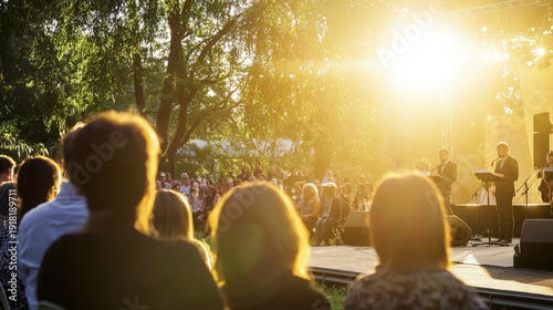 A sun-drenched outdoor concert features performers on stage under leafy trees as a large ence watches in a public park du the summer evening light.
