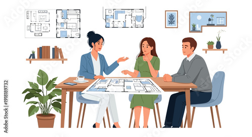 Architectural consultation with clients discussing blueprints.
