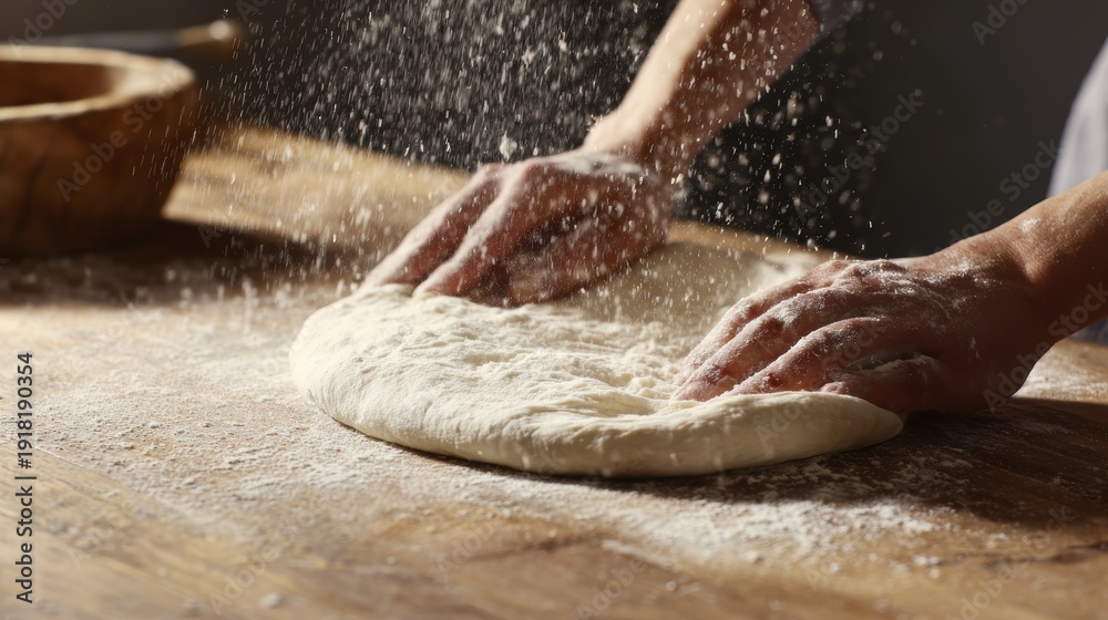 Fototapeta premium Baker's hands kneading dough with flour dust on wooden surface in rustic kitchen