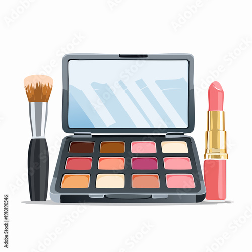 Makeup palette with assorted colors and beauty products.