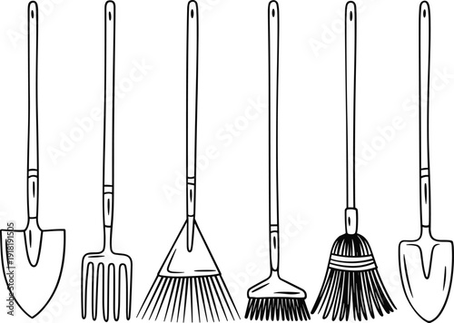 Garden tools line art set, shovel rake broom and cleaning equipment vector illustration isolated for gardening maintenance and landscaping design