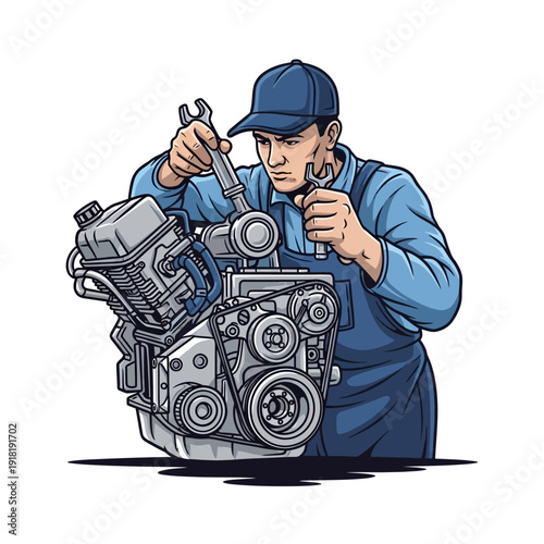 Mechanic working on car engine with tools, auto repair service, skilled technician fixing vehicle