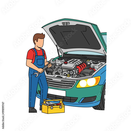 Mechanic working on car engine with tools and toolbox