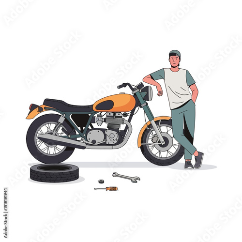 Mechanic Leaning on Vintage Motorcycle with Tools and Spare Tire