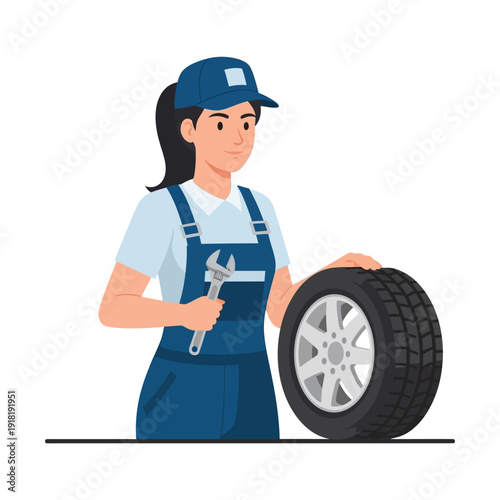 Female Mechanic Holding Tire and Wrench, Auto Repair Service