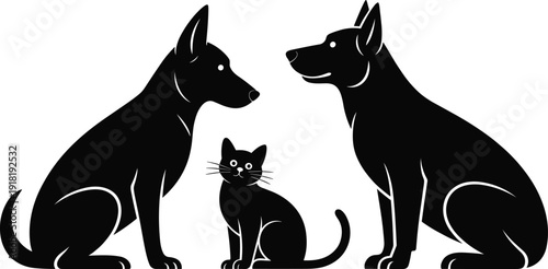 Black Silhouette of a Cat Sitting Between Two Dogs on White Background kitten pets