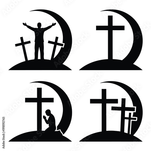 A collection of black silhouettes depicting Christian crosses and figures in prayer