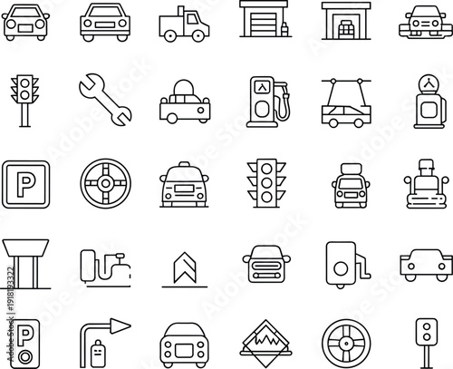 Automotive transport line icon set, car garage fuel repair parking traffic vector outline modern vehicle collection road service symbols