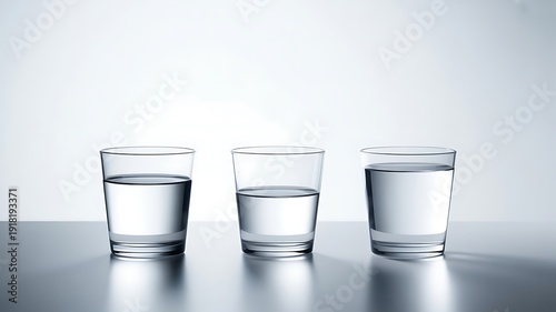 Three Glasses of Water Showing Different Levels: Full, Half, and Low
