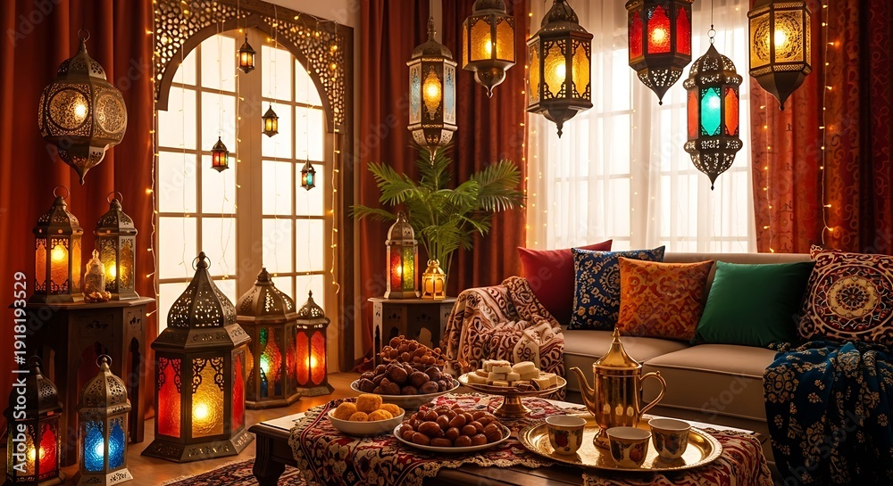 Fototapeta premium Cozy living room with colorful lanterns and traditional Middle Eastern decor