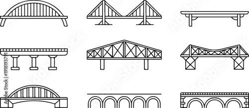 Classic Bridge Architecture Outline Icon Set  Suspension, Truss, and Arch Designs
