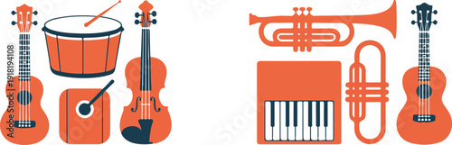 Modern Musical Instruments Outline Icon Set Guitar, Drum, Trumpet, Piano, Violin
