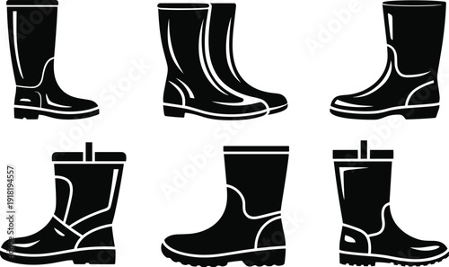 Six black silhouettes of different styles of rubber boots on white background wellington boots rain boots