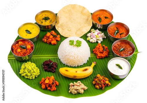 A traditional indian meal served on a banana leaf with various dishes and rice. isolated on transparent background