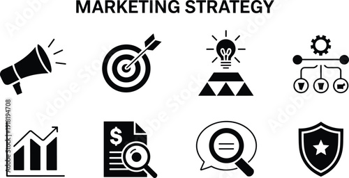 Marketing strategy icons including megaphone target lightbulb and graph bullseye