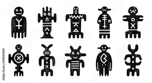 Set of unique tribal totem figures with symbolic markings