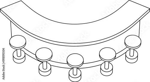 Curved Bar Counter Vector Illustration — Modern Isometric Interior Furniture with Bar Stools