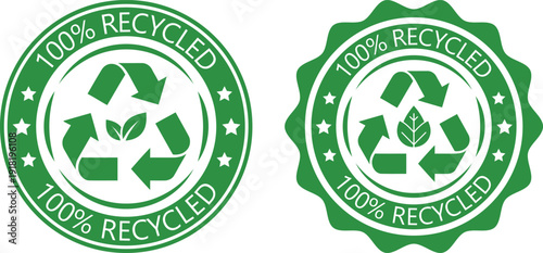 Green 100% Recycled Badge Label Collection Eco Friendly Recycling Symbol Seal Sticker Vector Set