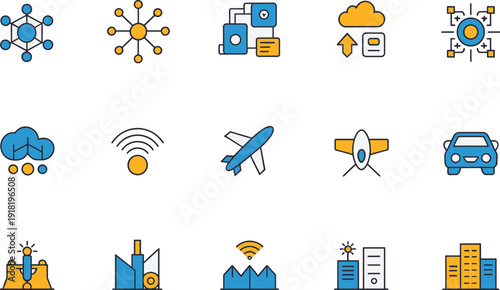 Collection of technology and smart city icons with flat design and vibrant colors Keywords: technology, icon, smart city