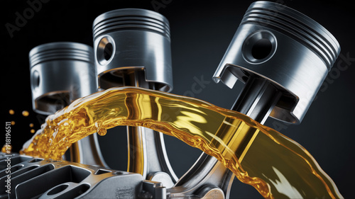 Close-up of engine pistons with golden oil flowing over them in a dark, dramatic setting motor oil