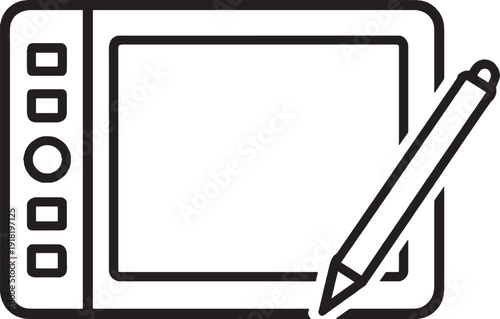Simple line icon of a digital tablet with a stylus pen