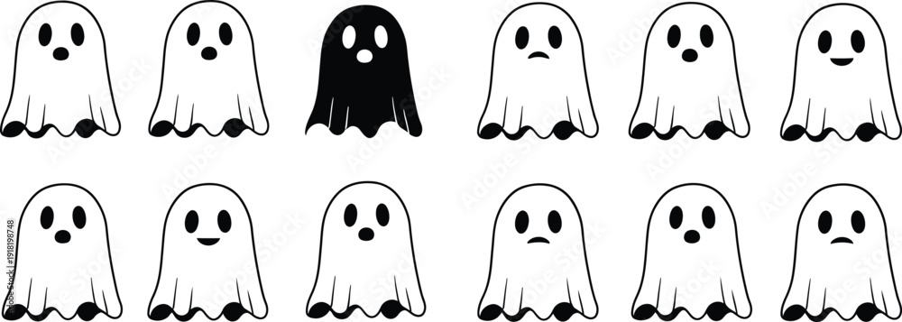 Foto A lone black ghost among white ghosts