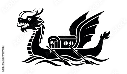 A black dragon boat with a fierce dragon head and oars on water
