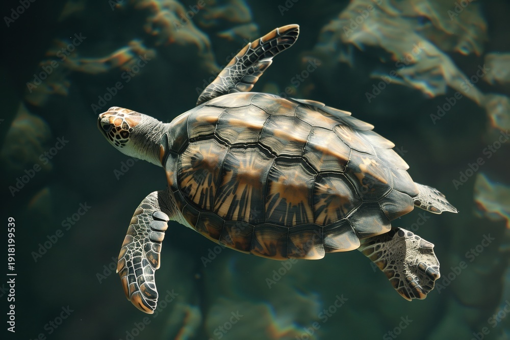 Fototapeta premium Graceful sea water turtle turtle gliding through clear waters in a serene underwater world at midday