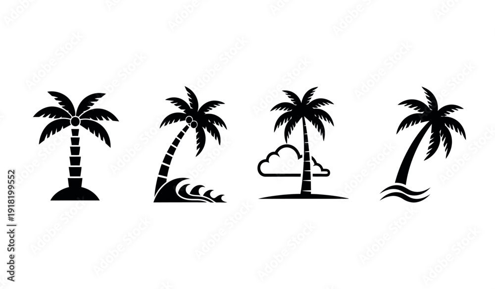 Obraz premium Collection of four different black palm tree silhouettes