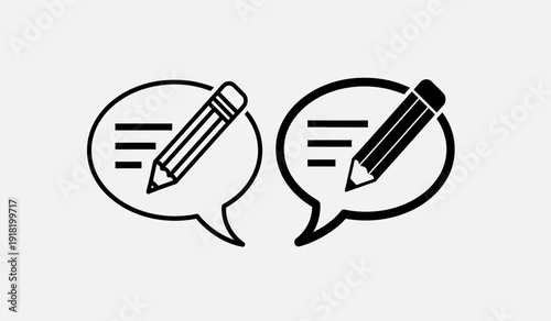 Two speech bubbles with pencils inside, representing discussion and communication