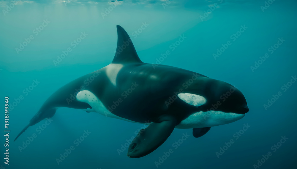 Naklejka premium A majestic killer whale gracefully swims through the water, captured in slow motion