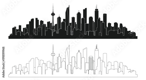 Toronto skyline silhouette and outline against a white background