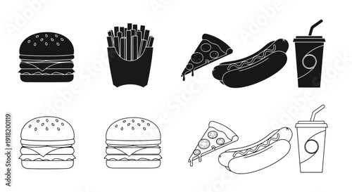Fast food icons burgers fries pizza hot dogs and drinks depicted