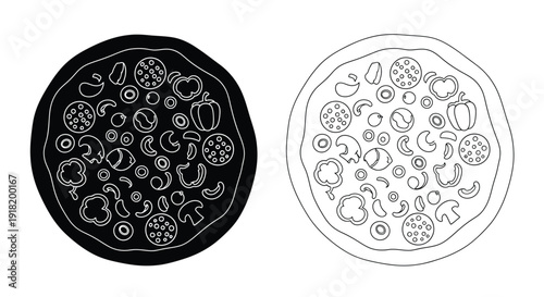Two pizza illustrations one dark one light showcasing toppings
