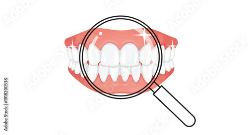 A detailed view of human teeth examined with a magnifying glass