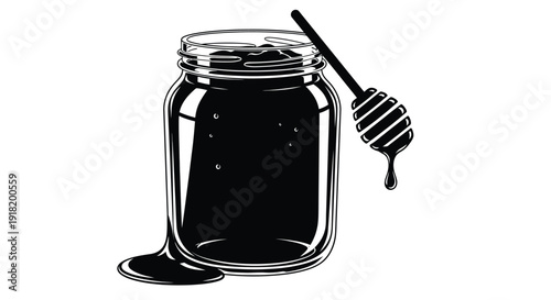 A black and white illustration of a jar filled with dark honey and a dipper