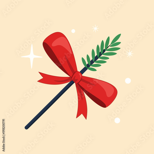 A festive red bow tied around a magic wand with a sprig of greenery