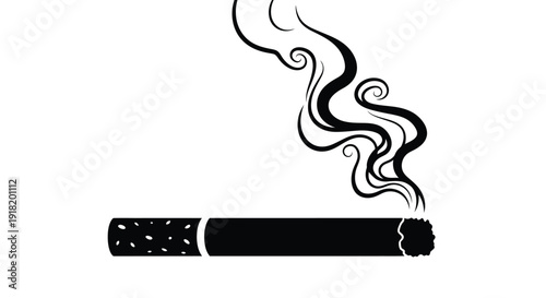A black and white illustration of a lit cigarette with rising smoke