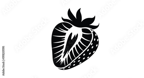 A stylized black and white illustration of a ripe strawberry fruit