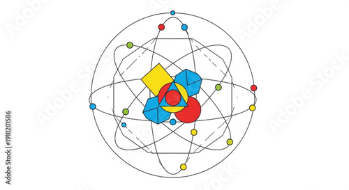 Colorful atomic structure model with electrons orbiting nucleus on white background for science education