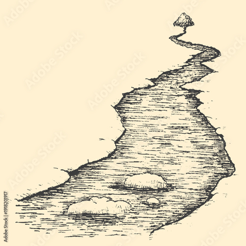 Winding river road leading to single tree, hand drawn vintage sketch style vector illustration. Minimalist monochrome nature art composition for print.