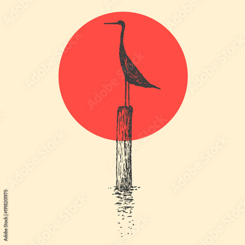 Minimalist zen bird on post with red sun. Monochrome minimalistic vector Illustration.