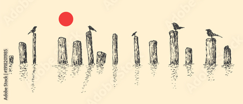 Hand drawn minimalist landscape with birds on wooden piers and red sun, zen style sketch
