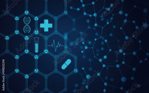 Futuristic medical technology background with glowing cyan hexagonal grid and molecular science icons on dark blue