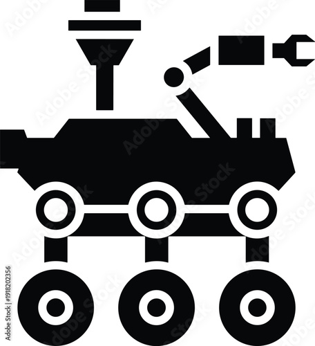 Black icon of a Mars rover with six wheels and robotic arm on white background space exploration extraterrestrial