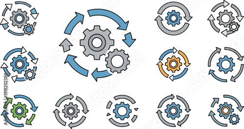 Various gear icons with arrows indicating workflow and process in different configurations and colors