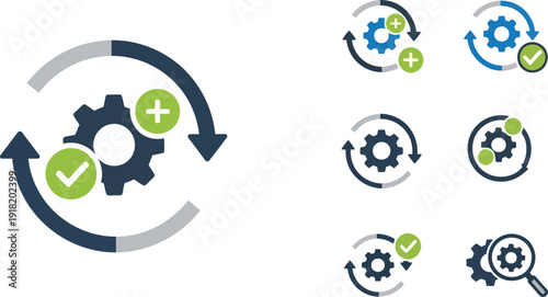 Various icons representing workflow and task management with gears and checkmarks in circular motions
