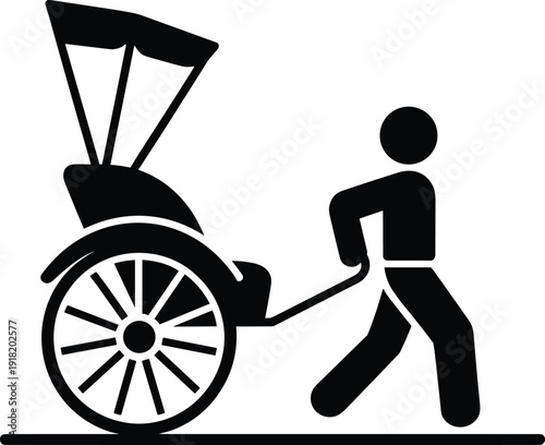 Black silhouette icon of a person pulling a rickshaw on a white background Keywords: rickshaw, puller, transportation, human