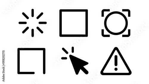 Collection of simple black and white vector icons representing common digital actions and alerts