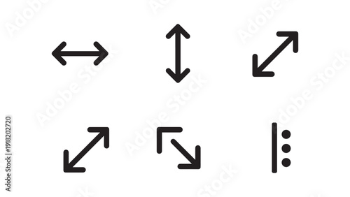 Set of six minimalist icons representing resizing, expansion, and menu options